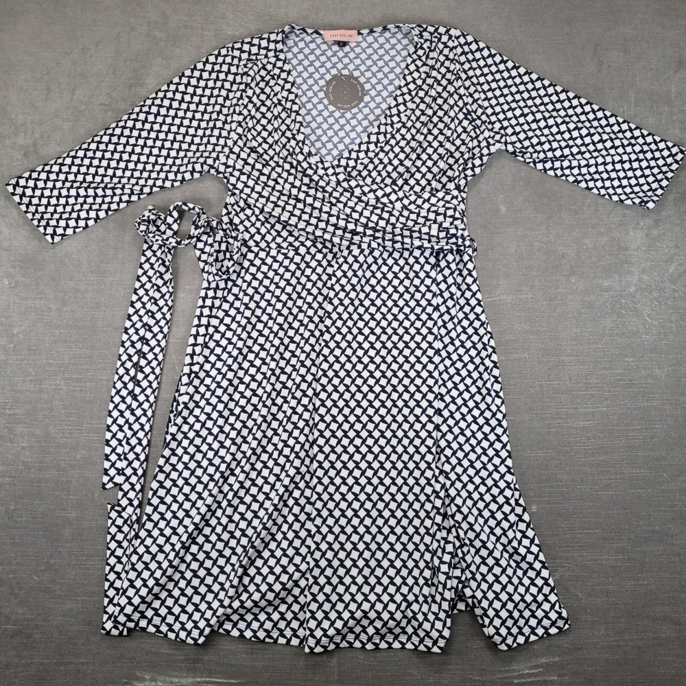East Adeline Womens 1X Blue White Geometric Print Faux Wrap Dress 3/4 Sleeve NEW